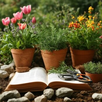 Guide de soins quotidien et saisonnier pour les plantes avec outils et exemples de jardinage.